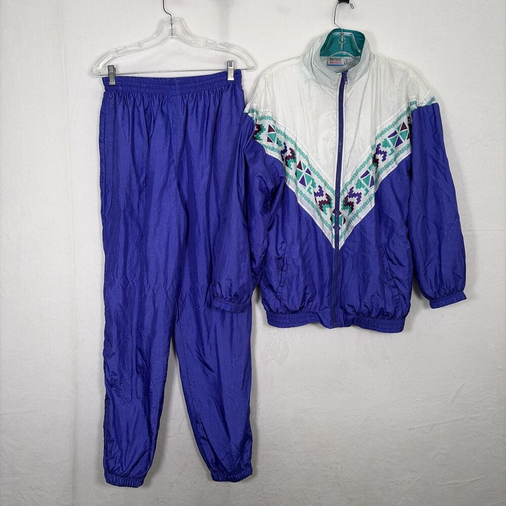 Vntg Winterset Windbreaker Track Suit Jacket Pants Large Aztec Print Prpl/Turq - Picture 2 of 16